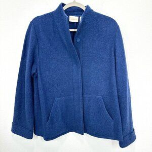 Chico's Size Medium Navy Blue 100% Wool Button Front Mockneck Jacket Coat